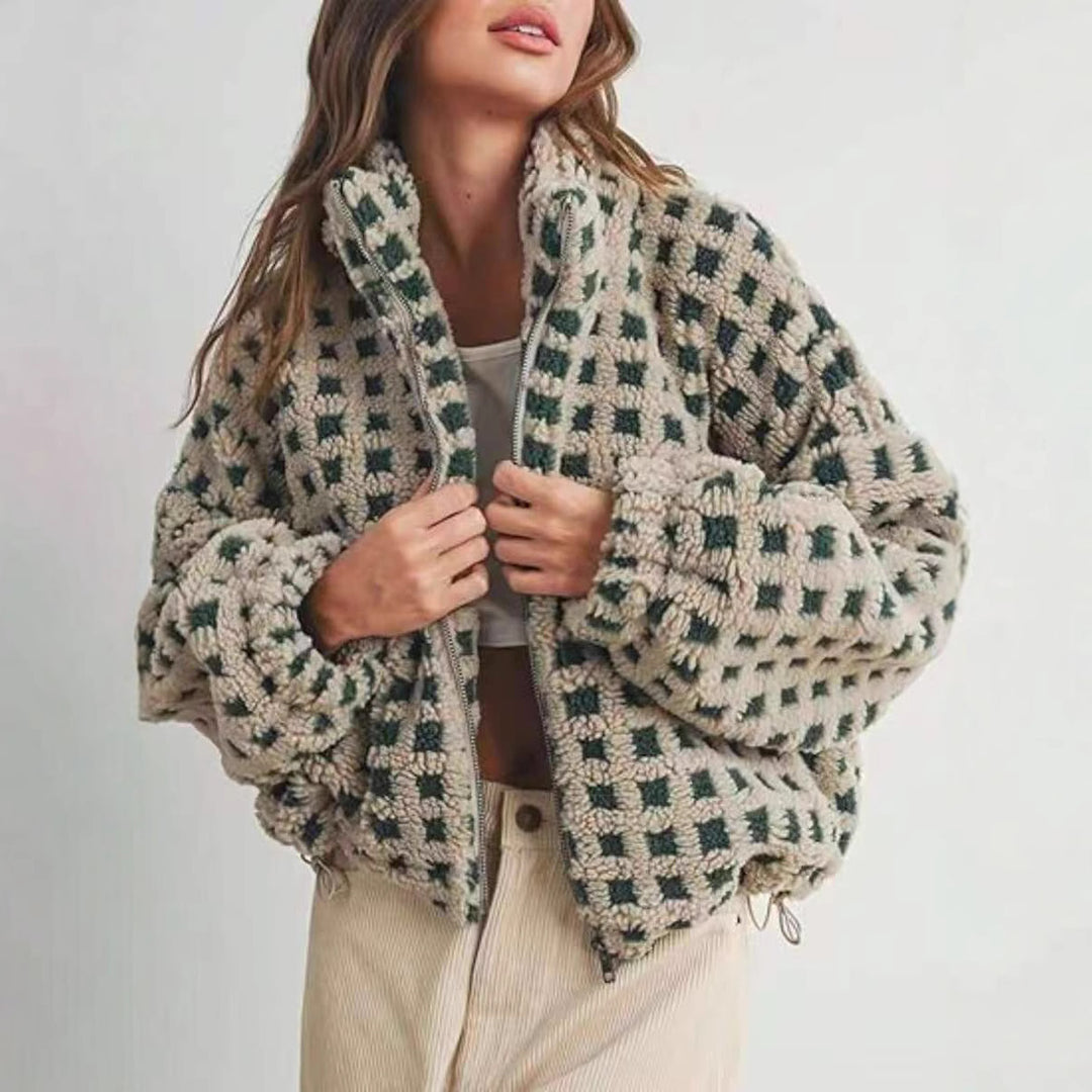 Ladies comfortable fleece jacket with modern check design Lune London