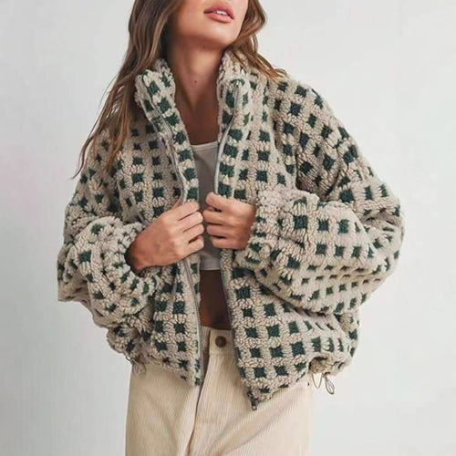 Ladies comfortable fleece jacket with modern check design Amarae