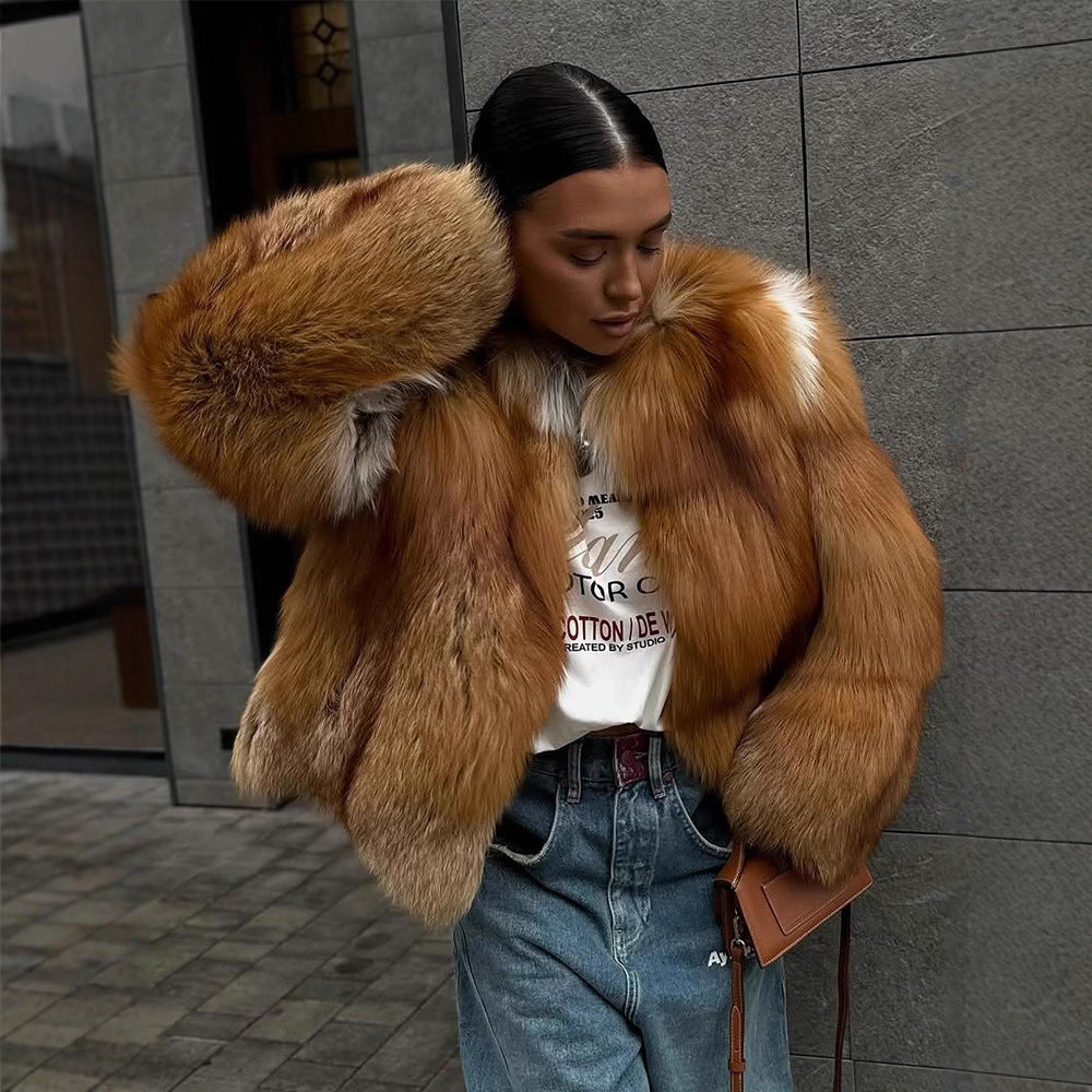 Women Boxy Short Coat in Multi-Layer Faux Fur Look with Voluminous Sleeves Amarae