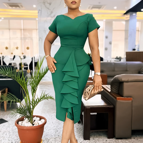 Amarae fitted dress for women with oversized ruffle details