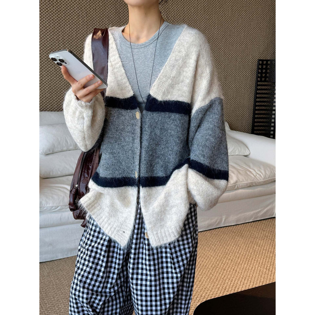 Women's Soft Oversized Knit Cardigan with V-Neck, Block Stripes and Button Placket Amarae