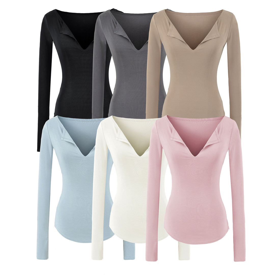 Women's fitted ribbed knit long sleeve with deep V-neck and collar trim Amarae