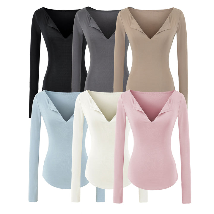 Women's fitted ribbed knit long sleeve with deep V-neck and collar trim Amarae