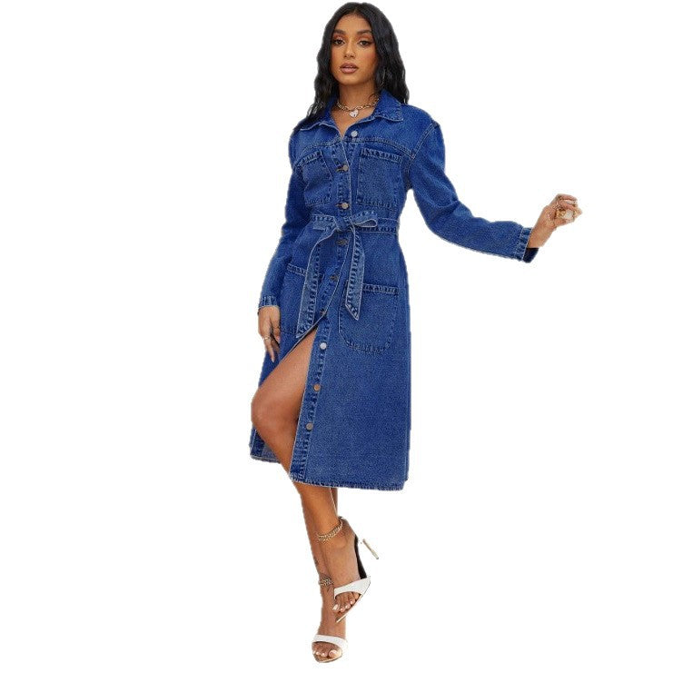 Ladies' midi dress made of denim with a waist belt and continuous button placket Amarae