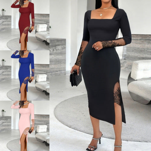 Ladies Elegant Dress with Lace Sleeves and Side Slit Chic and Style