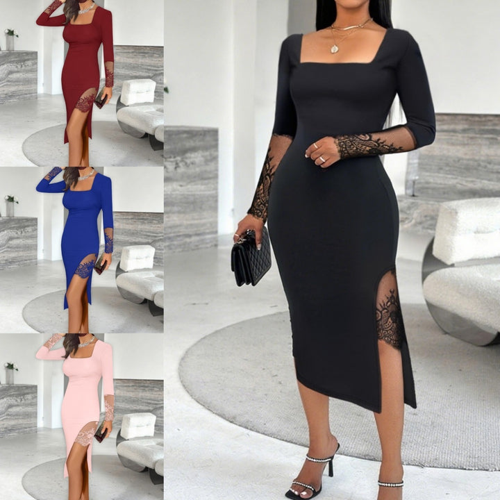 Women Elegant Dress with Lace Sleeves and High Slit Lune London