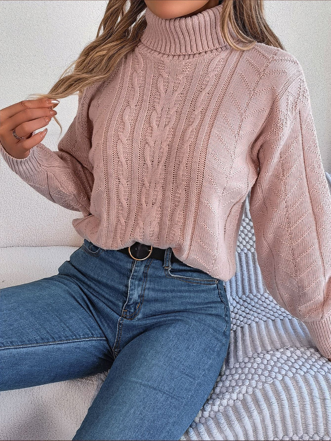 Lune London | Women's Cozy Knit Sweater with Stand-Up Collar and Cable Pattern