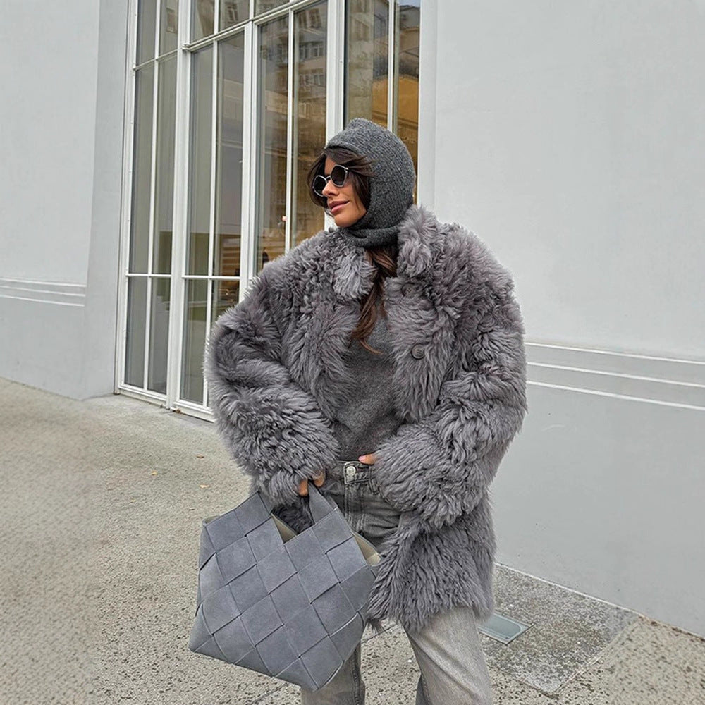 Women's Short Oversize Faux Fur Coat with Voluminous Curly Texture and Button Closure Amarae