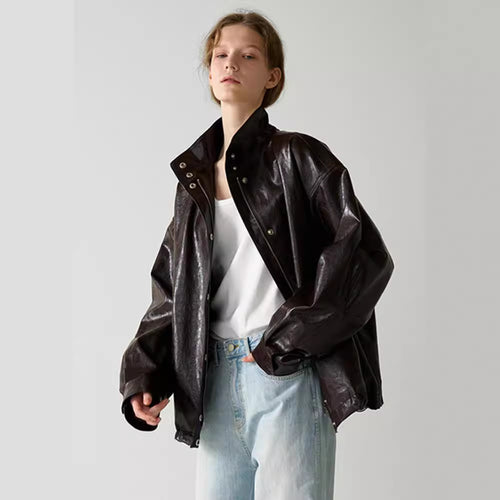Veste en cuir surdimensionnée tendance pour femme avec col montant et fermeture par bouton-pression Chic & Stil