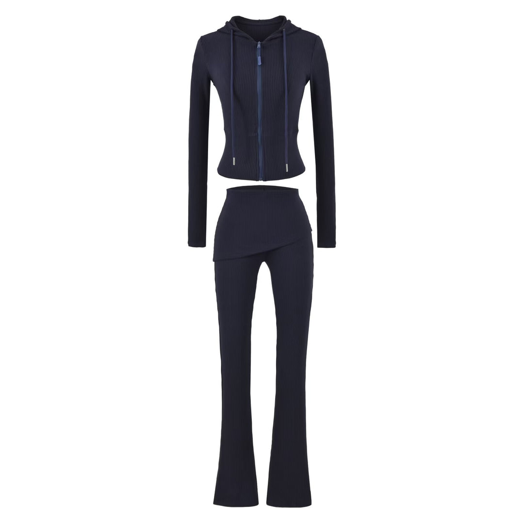 Women's Ribbed Lounge Set with Hooded Jacket and Wrap Waist Pants Amarae