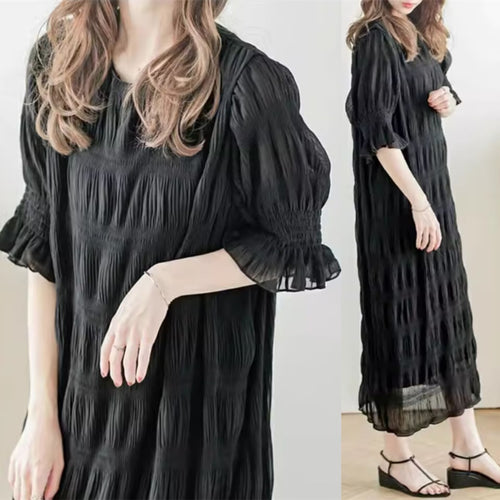 Casual maxi dress for women with elastic puff sleeves and a refined textured design Amarae
