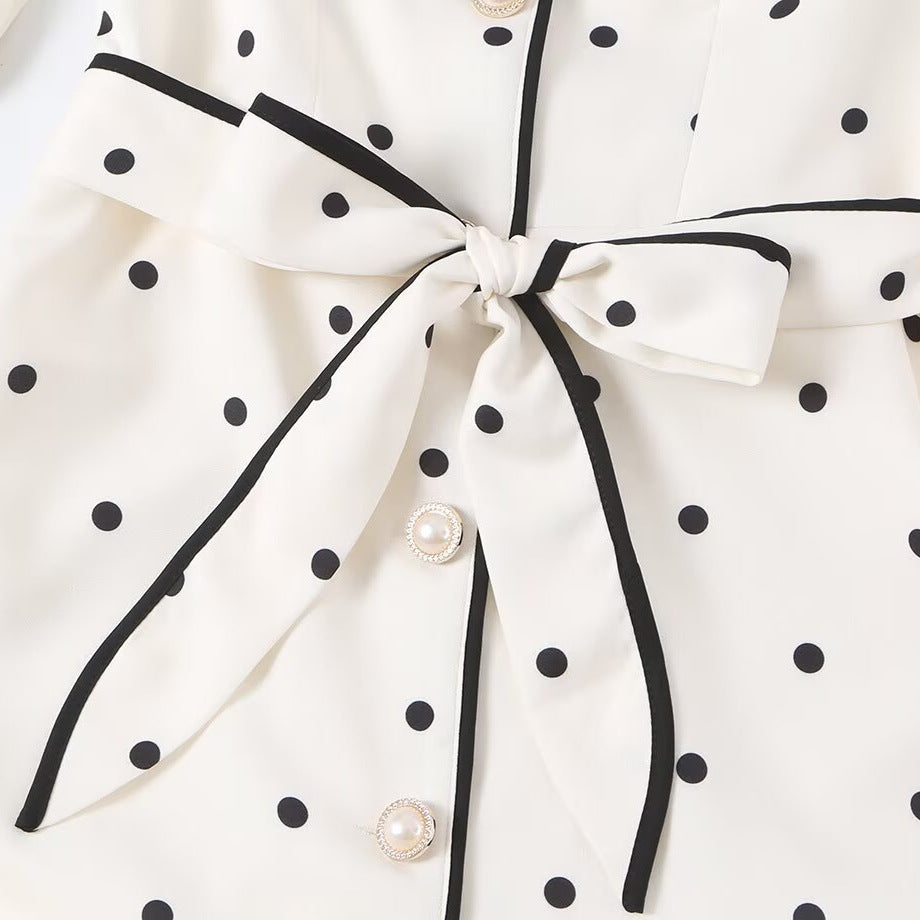 Women's midi shirt dress with polka dots, contrast piping, and waist belt Amarae