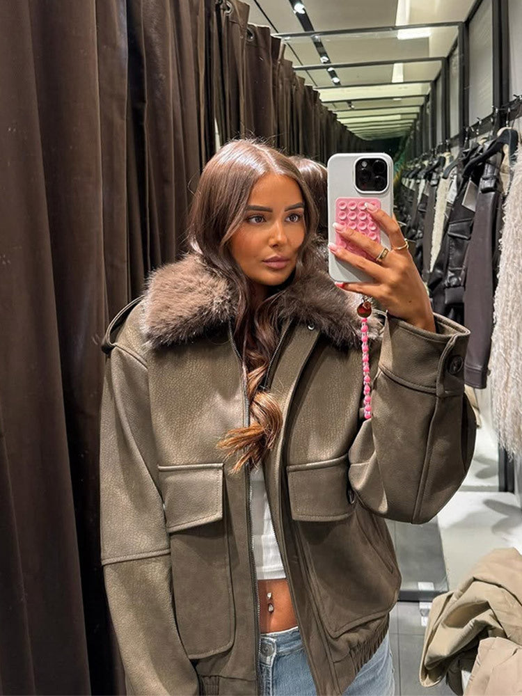 Women's pilot jacket made of suede imitation with removable faux fur collar and patch flap pockets Amarae