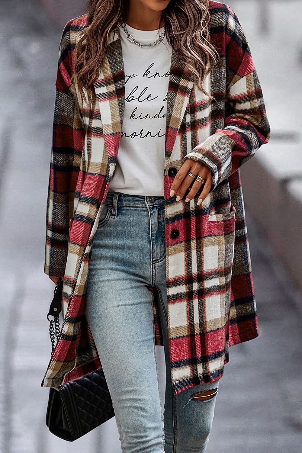 Ladies Trendy Checkered Coat with Deep Collar and Practical Pockets Lune London