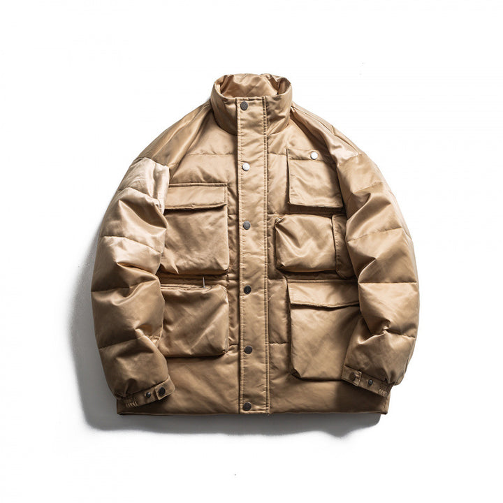 Unisex Padded Field Jacket in Boxy Cut with Multiple Pockets and Stand-Up Collar Amarae