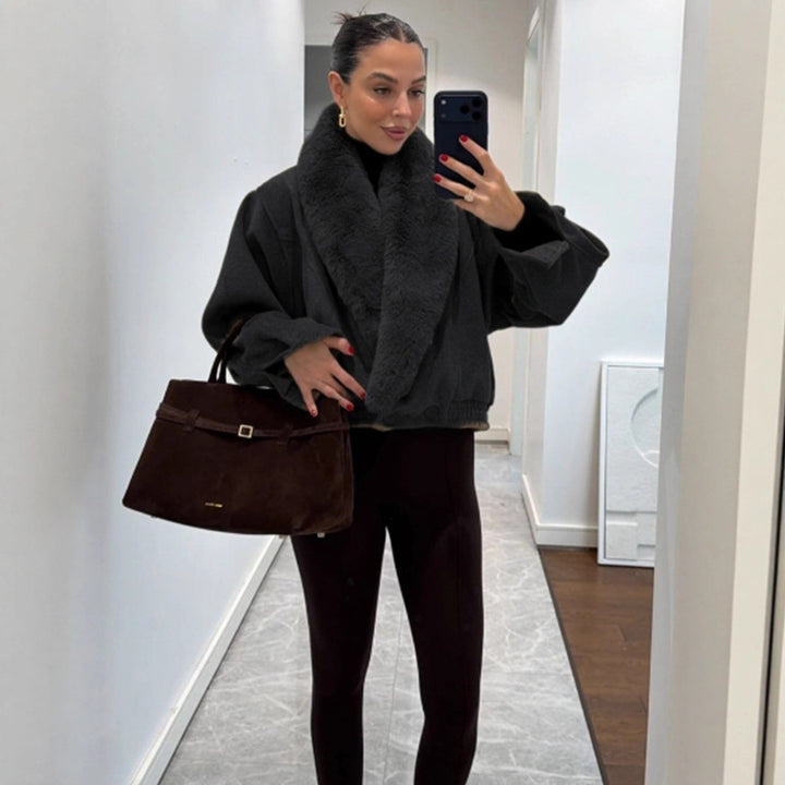 Women’s short jacket with voluminous faux fur shawl collar and elastic hem Amarae