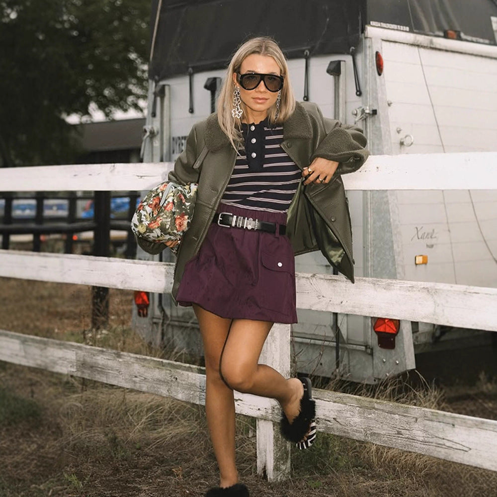 Ladies Short Aviator-Style Bomber Jacket with Teddy Lining and Boxy Silhouette Amarae