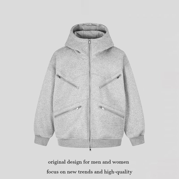 Women's Oversized Hooded Sweat Jacket with High Stand-Up Collar, Four Diagonal Zipper Pockets Amarae