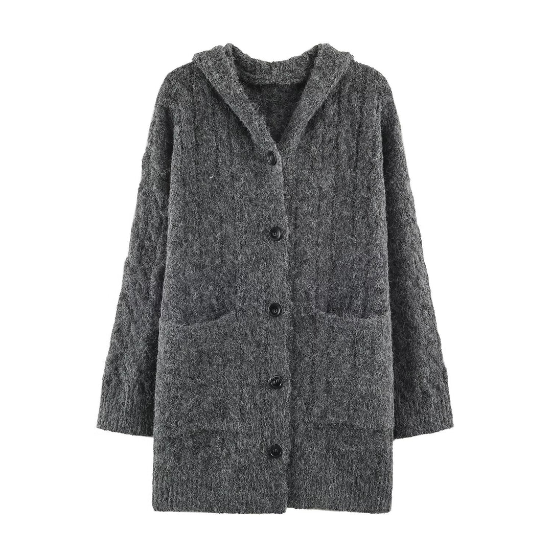 Women's Long Knitted Hooded Cardigan with Cable Pattern and Button Placket Amarae