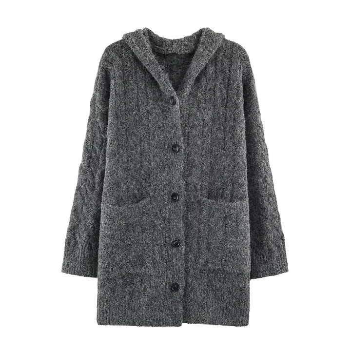 Women's Long Knitted Hooded Cardigan with Cable Pattern and Button Placket Amarae