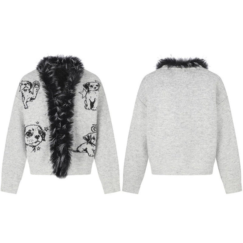 Women's cardigan with faux fur collar and illustrative dog motif Amarae