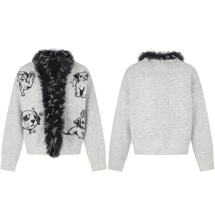 Women's cardigan with faux fur collar and illustrative dog motif Amarae