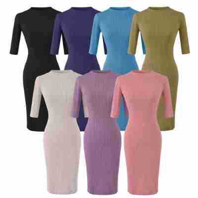 Women's fitted ribbed midi dress with half sleeves and stand-up collar Amarae