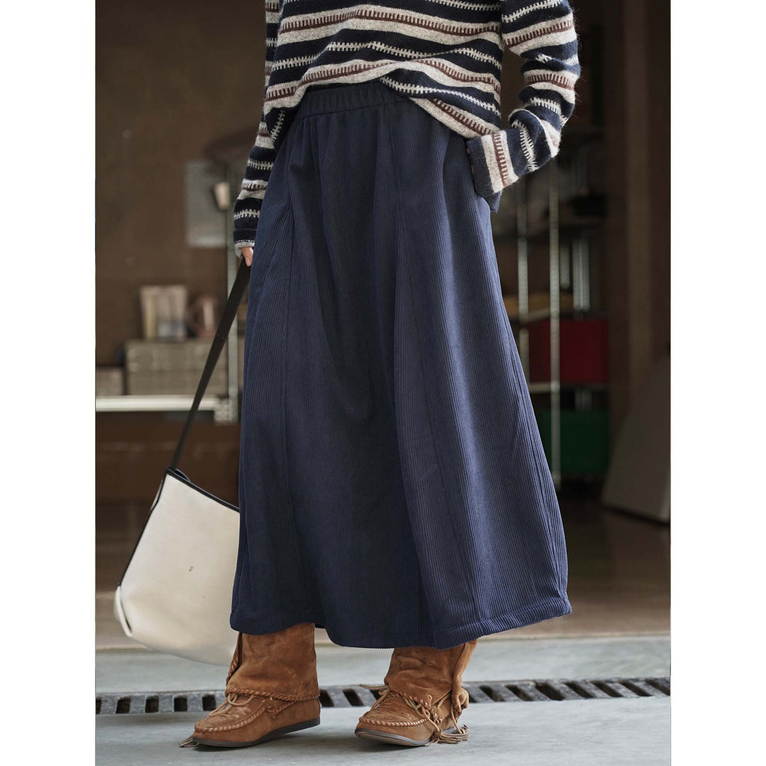Women's Long Cord Skirt with High Elastic Waist and A-Line Silhouette Amarae