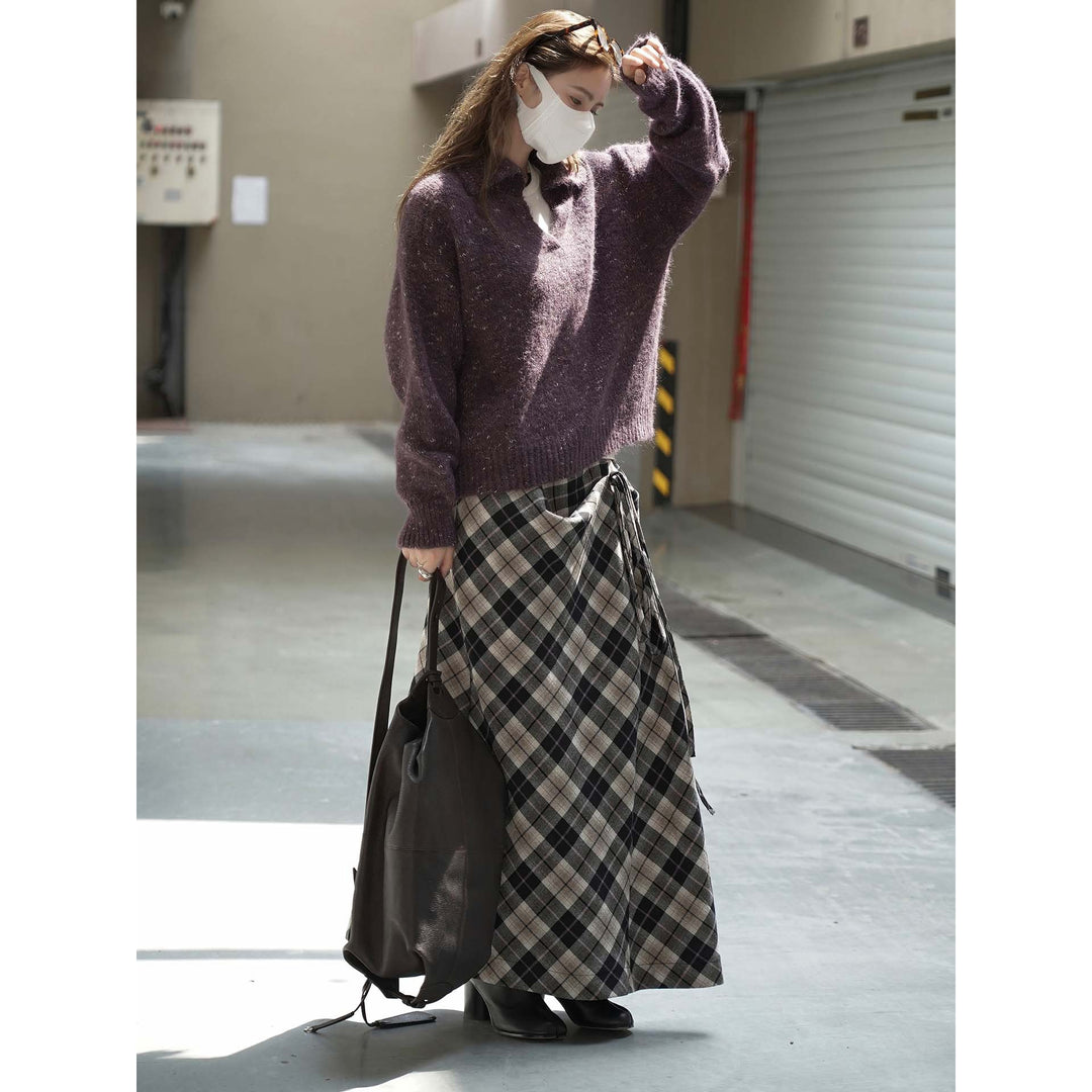 Women's Fluffy Mohair-Mix Sweater with Open Shirt Collar and Ribbed Hem