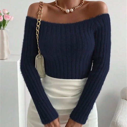 Ladies Off-Shoulder Knit Sweater with Fine Rib Structure and Long Sleeves Amarae