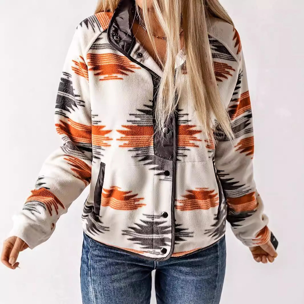 Women's patterned fleece clothing with practical pockets and chic button detail