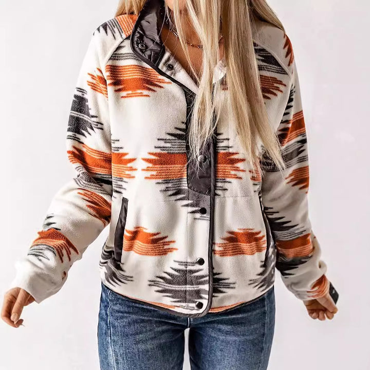 Women's patterned fleece clothing with practical pockets and chic button detail