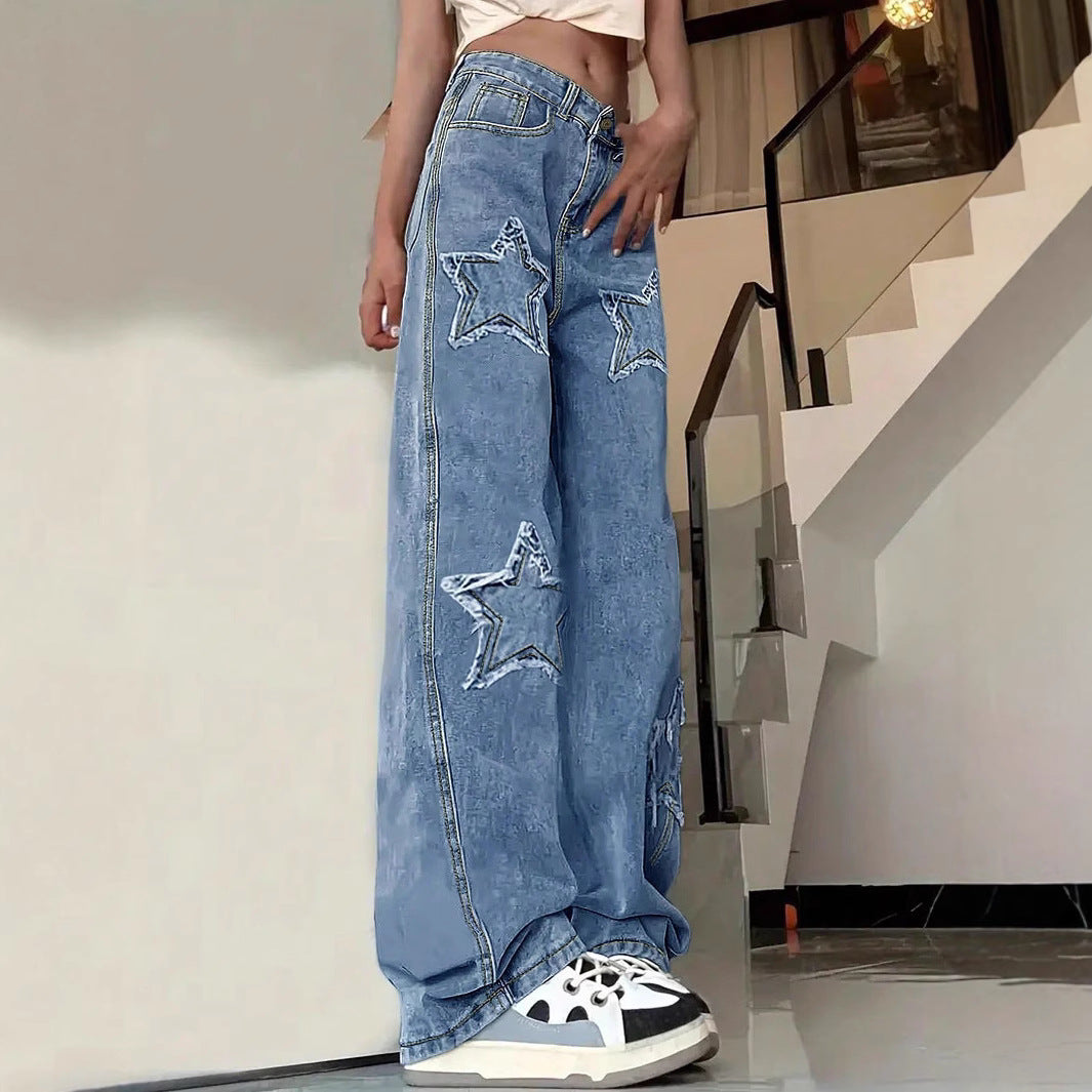 Women's extra-wide baggy jeans made of lightweight denim with star appliqués and extended silhouette Amarae