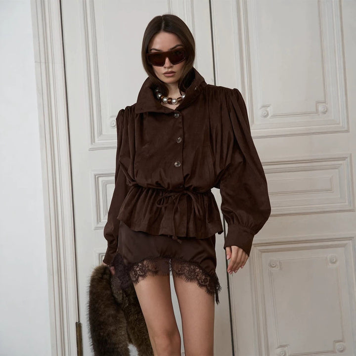 Women's short jacket with voluminous sleeves, drawstring waistband, and stand-up collar Amarae
