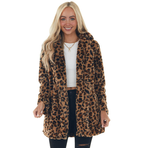 Women Leopard Fleece Jacket Comfortable Open Collar Amarae