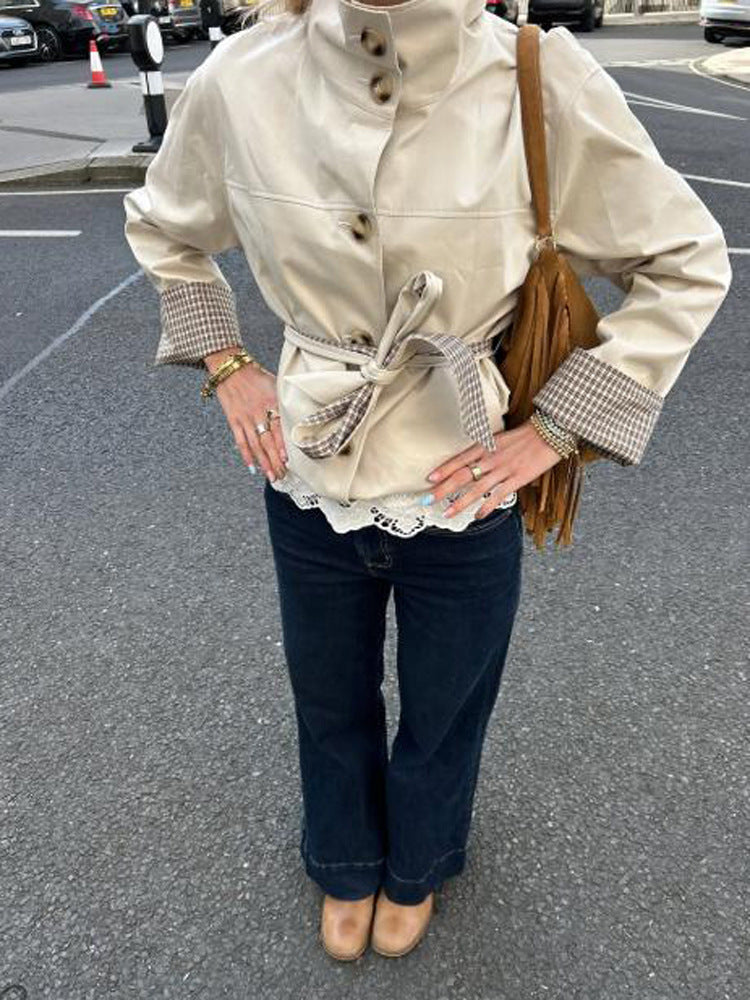 Women's Short Tailored Faux Leather Jacket with Stand-Up Collar, Check Cuffs & Tie Belt Amarae