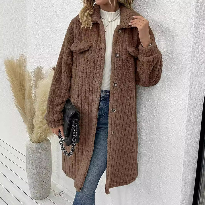 Ladies long soft coat with textured design and patch pockets Lune London