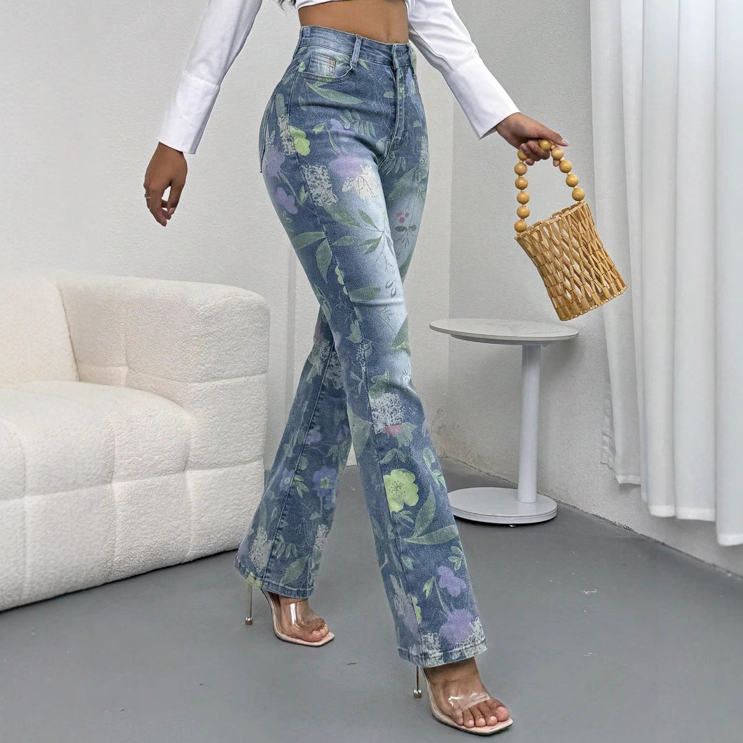 Women's High-Waisted Floral Print Denim Jeans in Light Flared-Straight Cut Amarae
