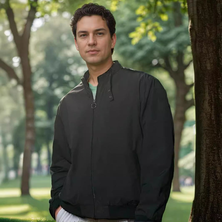 Lightweight transition jacket for men with high collar and side pockets Lune London