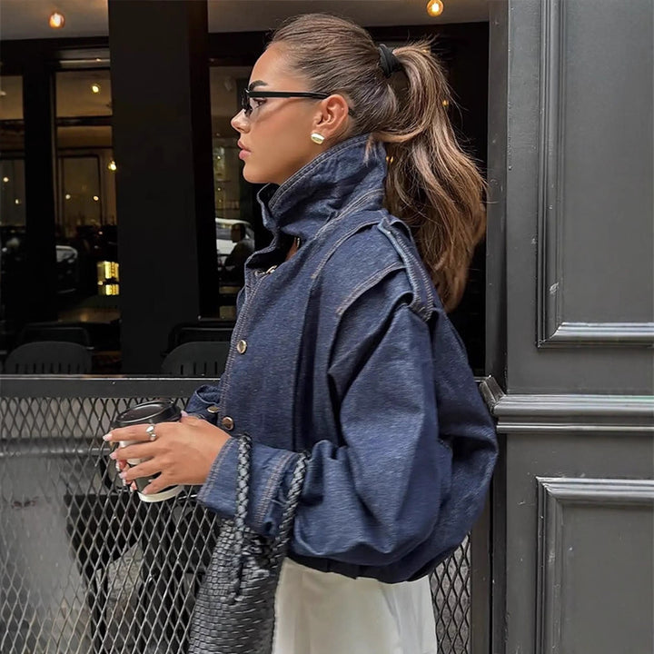 Women Oversize Denim Jacket with High Stand-Up Collar, Snap Button Placket and Shoulder Detail Amarae