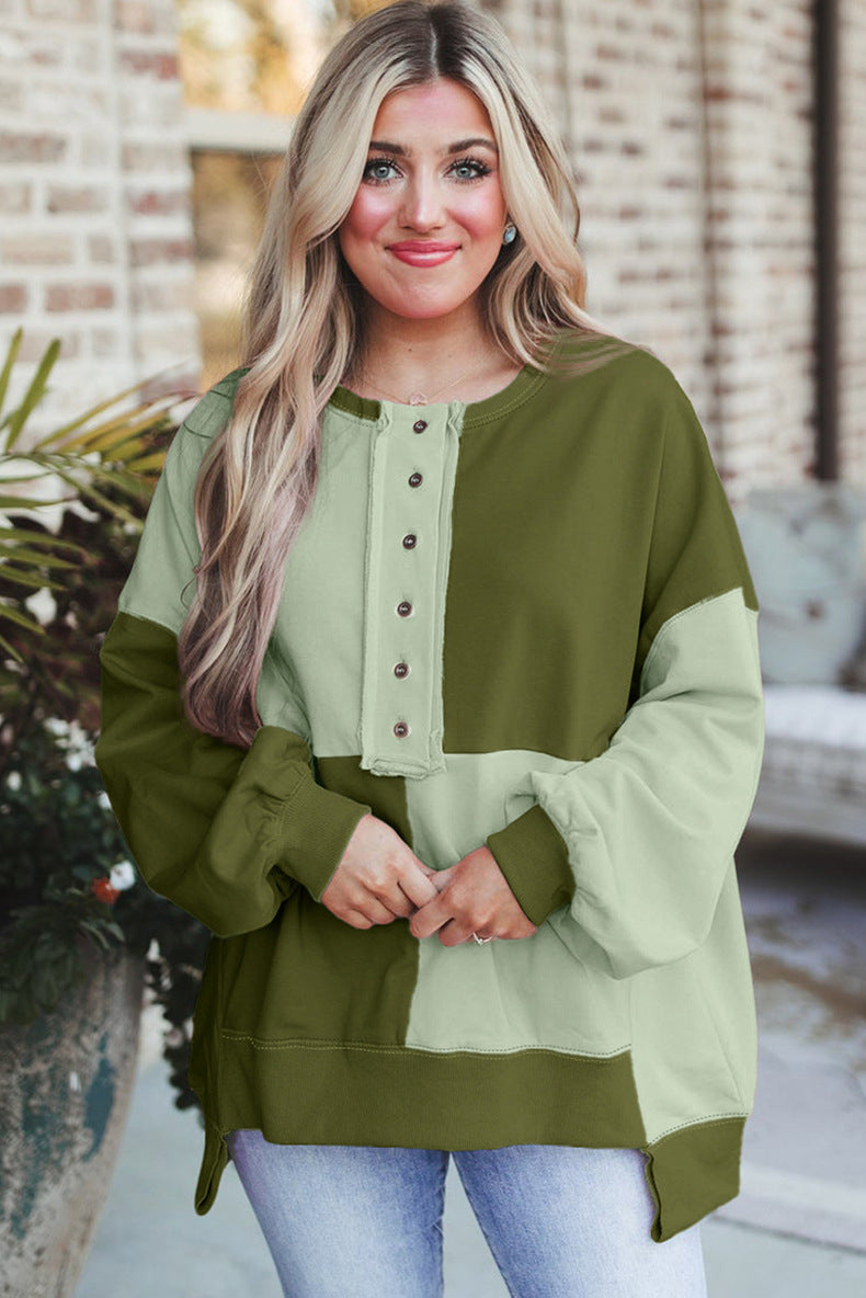 Women's Oversized Long Sleeve Sweatshirt in Colorblock with Henley Button Placket and Balloon Sleeves Amarae