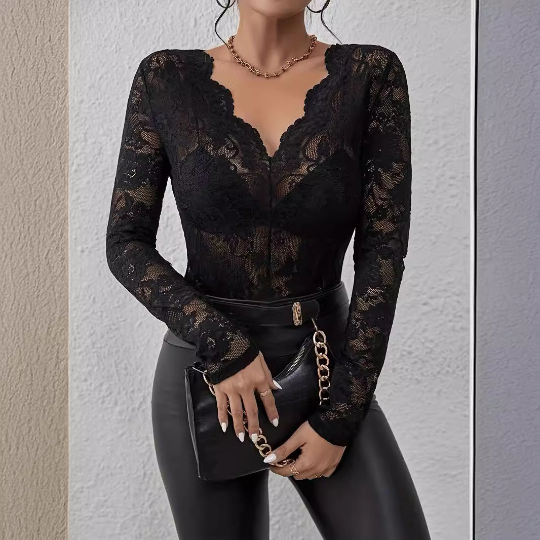 Ladies Lace Bodysuit with V-Neck and Long Sleeves Lune London