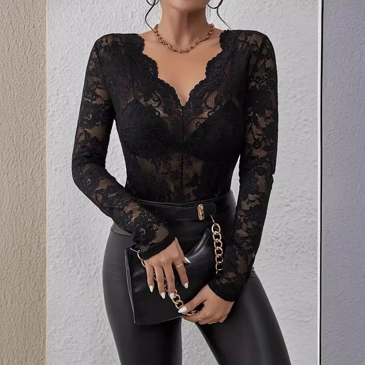 Ladies Lace Bodysuit with V-Neck and Long Sleeves Lune London