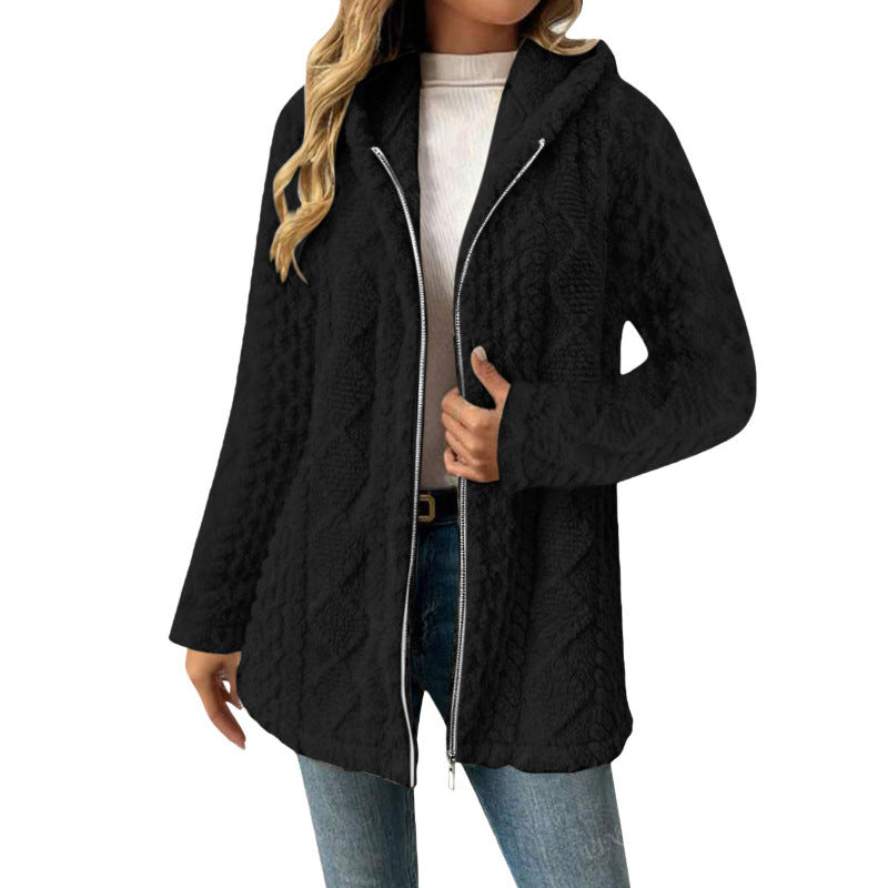 Women's Hooded Sherpa Jacket with Cable Pattern, Medium Length and Two-Way Zipper Amarae