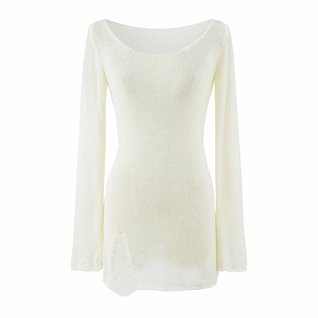 Women's fine knit tunic with bateau neckline, figure-hugging and bell sleeves Amarae