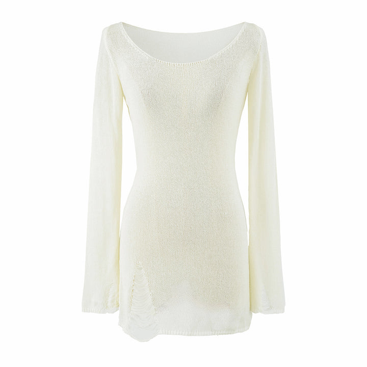 Women's fine knit tunic with bateau neckline, figure-hugging and bell sleeves Amarae