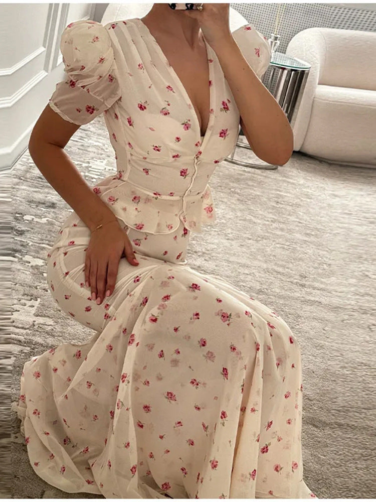 Women's Floral Satin Midi Dress with Deep V-Neck, Puff Sleeves, and Tailored Gathering Amarae