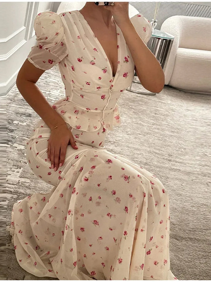 Women's Floral Satin Midi Dress with Deep V-Neck, Puff Sleeves, and Tailored Gathering Amarae