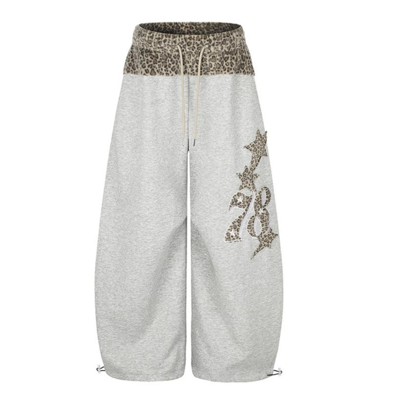 Women Extra Wide Palazzo Lounge Pants with High Comfort Waistband, Leopard Print Band and Decorative Star Number Appliqué Amarae