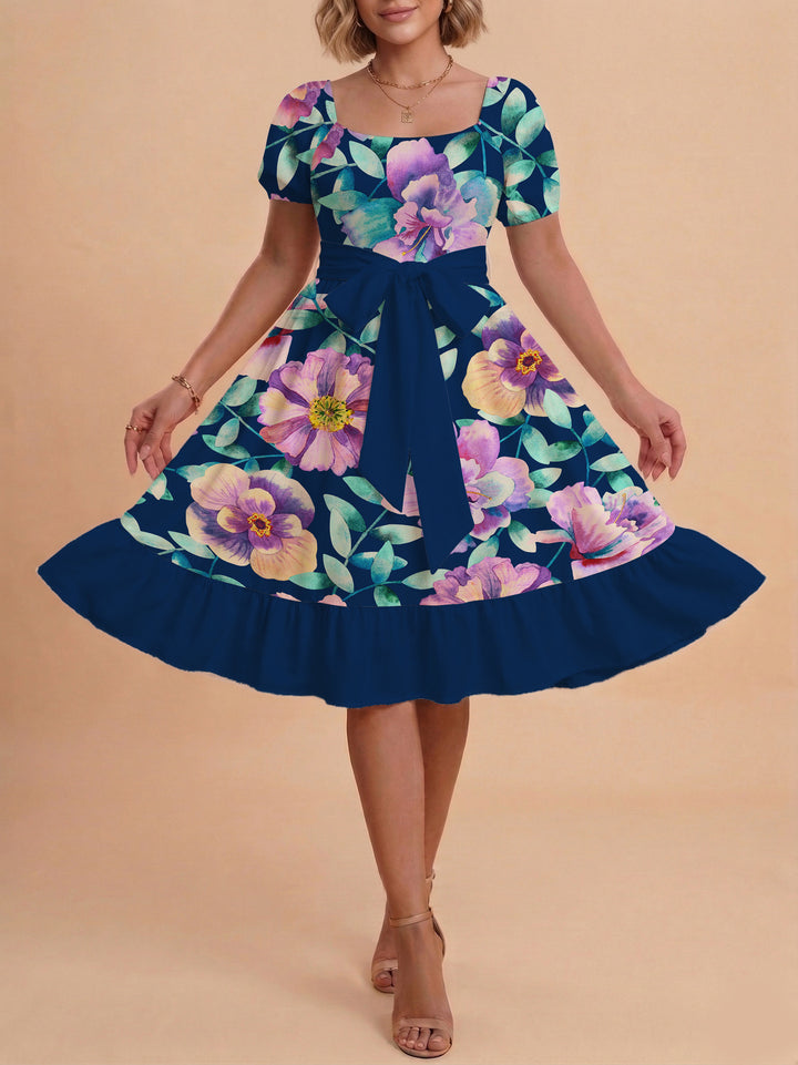 Women's floral dress with adjustable belt and voluminous sleeves Lune London